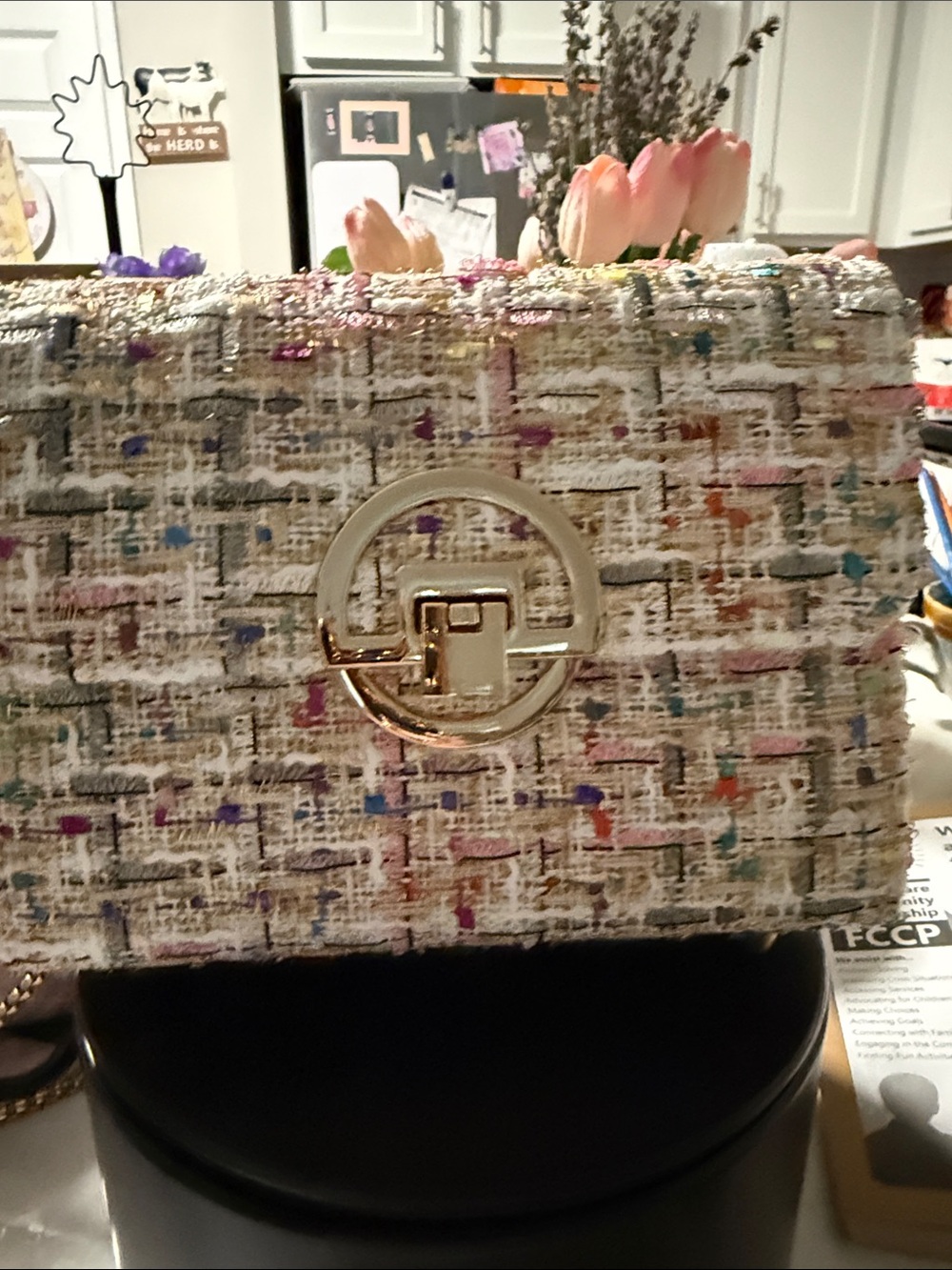 Tweed Shoulder Bag in Multicolor with Gold Accent